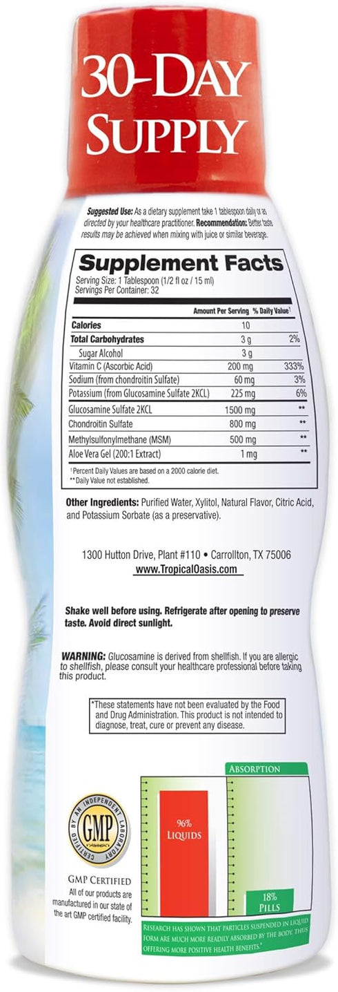 Tropical Oasis Premium Liquid Glucosamine Chondroitin & MSM, Joint Support Formula, Concentrated Liquid for Max Absorption, Clear, 16 Fl Oz