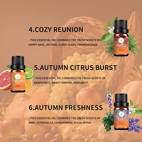 Fall Essential Oils Set, Pure Plant Extracts for Diffusers, Includes Citrus Burst, Freshness, Cozy Reunion, Leaf Aroma