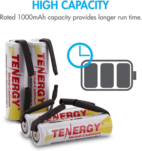 Tenergy Rechargeable 1.2V AA NiCD Battery, 1000mAh High Capacity Batteries Flat Top with Tabs for Shavers, Trimmers, Razors, 12 Pack
