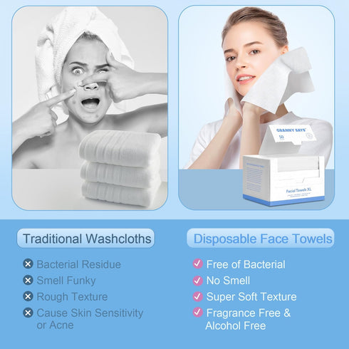 GRANNY SAYS Disposable Face Towels, Biodegradable 50 Count Extra Thick Soft Towelettes for Makeup Removal
