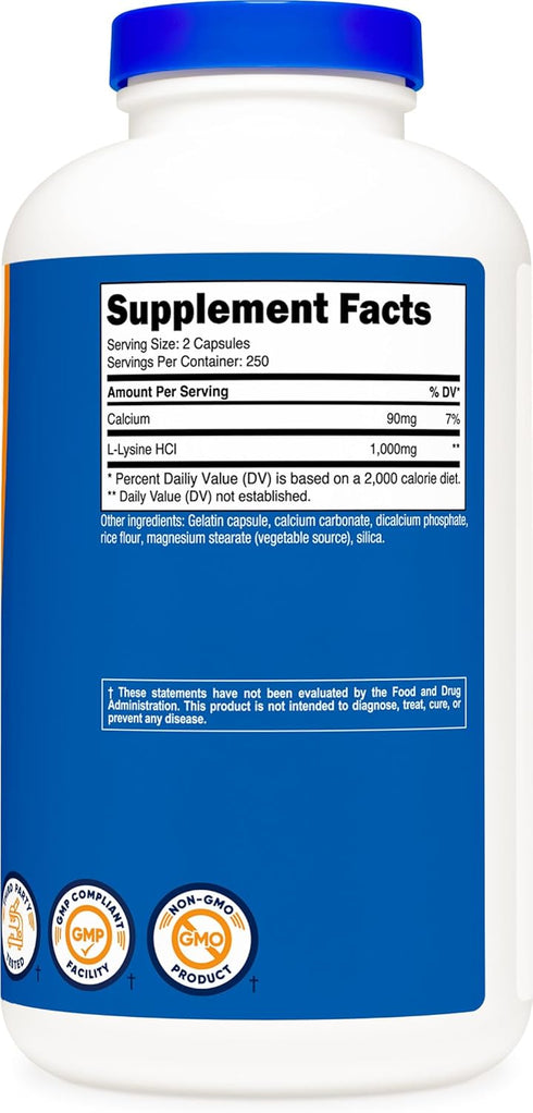 Nutricost L-Lysine 1000mg, 250 Servings, 500 Capsules, Gluten Free, Non-GMO