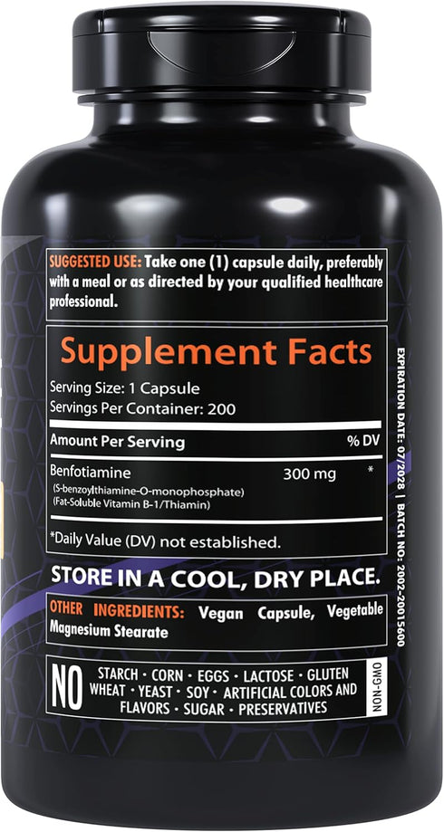 Benfotiamine 300mg | 200 Capsules | Fat Soluble Thiamine Vitamin B1 | Supports Overall Health | Non-GMO | Gluten Free