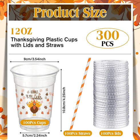 Yaomiao 300 12 oz Set Pcs Thanksgiving Day Plastic Cups with Lids and Straw Fall Plastic Party Cups Thanksgiving