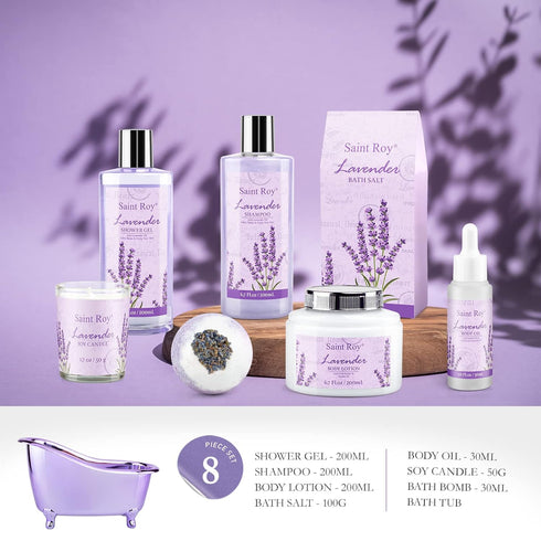 Home Spa Gift Basket for Women - Lavender Bath Set, Aromatherapy Kit with Shower Gel, Shampoo, Body Oil, Bath Bomb,