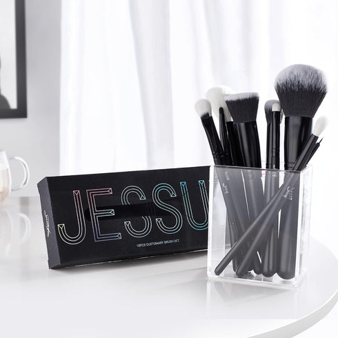 Jessup 10pcs Makeup Brush Set, Professional Black Brushes with Natural Synthetic Hair for Foundation, Blending, Blush,