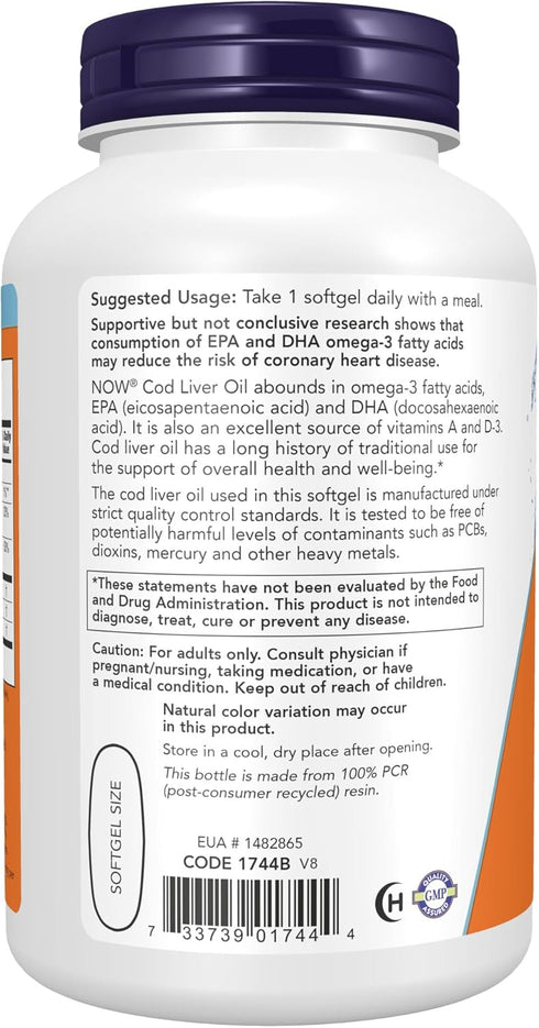 NOW Foods Cod Liver Oil, Extra Strength 1,000 mg with Vitamins A & D-3, EPA, DHA - 180 Softgels