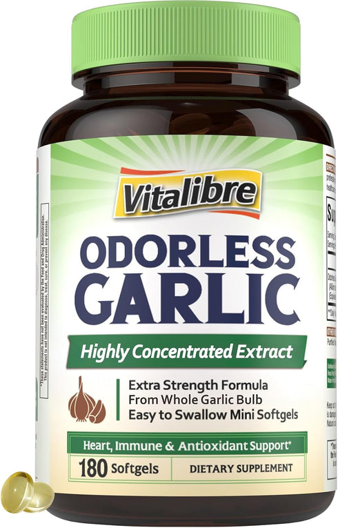Vitalibre Odorless Garlic, Extra Strength Extract, Non-GMO, No Gluten, Heart & Immunity,