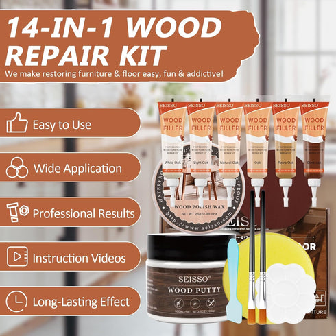 Natural Oak Wood Furniture Repair Kit - 6 Colors Wood Filler with Wood Putty, Polish Wax for Tables, Doors, Floors,