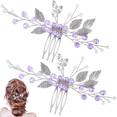 PAGOW 2PCS Leaf Hair Combs, Purple Rhinestone Hair Clips for Women, Girls, Bride, Bridesmaid