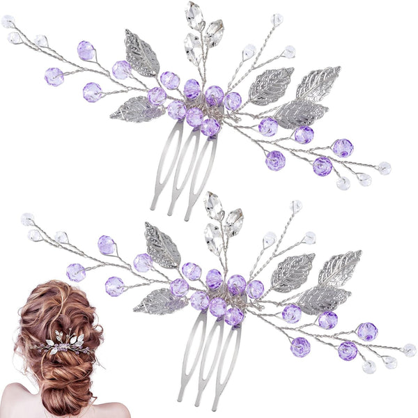 PAGOW 2PCS Leaf Hair Combs, Purple Rhinestone Hair Clips for Women, Girls, Bride, Bridesmaid