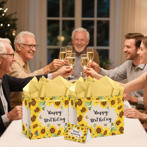 HSKMAKE Sunflower Birthday Gift Bag Yellow Sunflower Paper Bag with Card Yellow Tissue Paper Sunflower Wrapping Paper