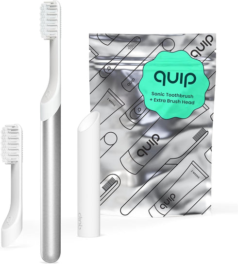 Quip Sonic Toothbrush for Adults, Timer, Extra Brush Head, Travel Cover Mount, Metal Handle, Silver