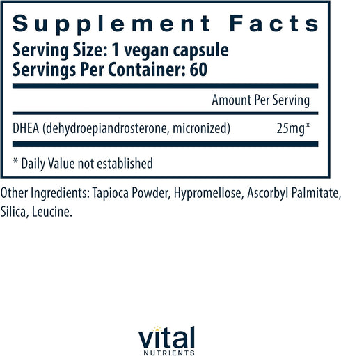 Vital Nutrients DHEA 25mg | Vegan Micronized Supplement for Women & Men | 60 Capsules, Supports Hormone Balance