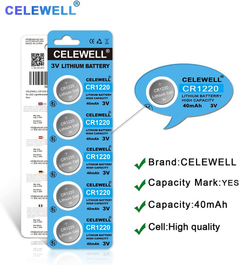 CR1220 5-Pack 3V Lithium Battery 40mAh for LED Light/Bracelet/Flashlight?5-Year Warranty?