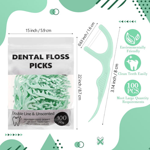 Baderke 100 Count Dual Line Floss Picks, Non-Breakable Dental Floss Picks for Adults, Family Travel (Light Green)