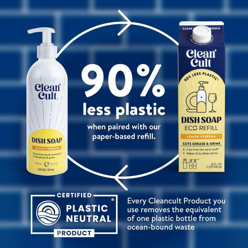 Cleancult Lemon Verbena Liquid Dish Soap, Refillable Aluminum Bottle, 16 oz