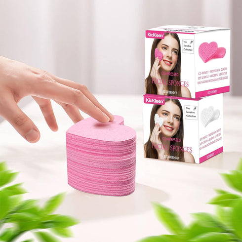 60-Count Kickleen Compressed Cellulose Heart Shape Facial Sponges, 100% Natural Cosmetic Spa Sponges for Cleansing