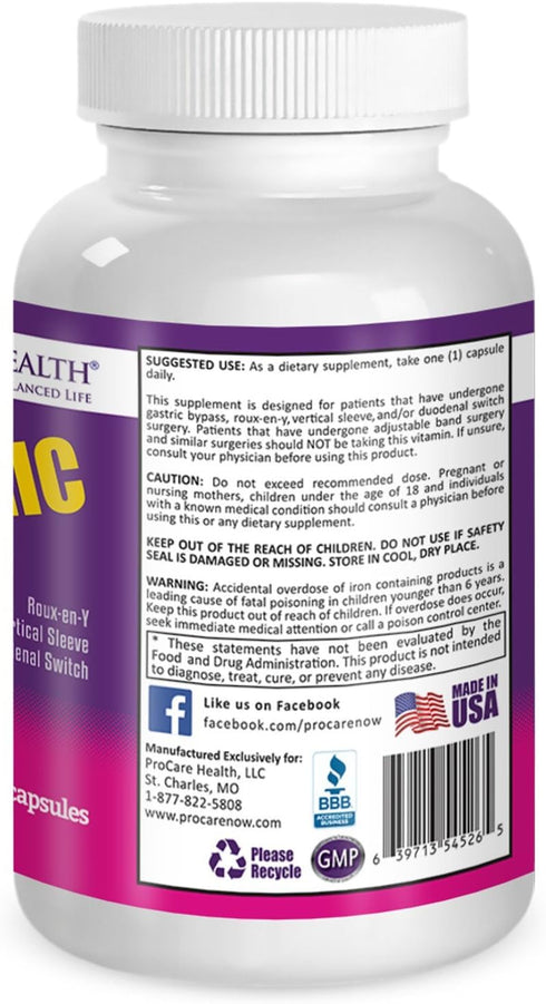 ProCare Health Bariatric Multivitamin, 30 Count, 45mg Iron, 1 Month Supply