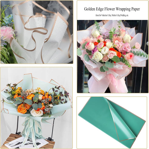 Gold Edge Flower Wrapping Paper, 20 Sheets White Waterproof Florist Bouquet Wrap 22.8*22.8 Inches for DIY Craft