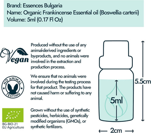 Essences Bulgaria Organic Frankincense Essential Oil 0.17 Fl Oz 5ml, 100% Pure Natural for Aromatherapy and Body