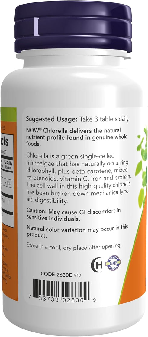 NOW Supplements Chlorella 1000 mg, 60 Tablets, with Chlorophyll, Vitamin C, Iron, Protein
