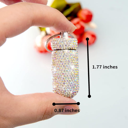 Bling Pill Case Rhinestone Pill Box Portable Waterproof Holder with Keychain for Travel, Outdoor, Camping (AB Color)
