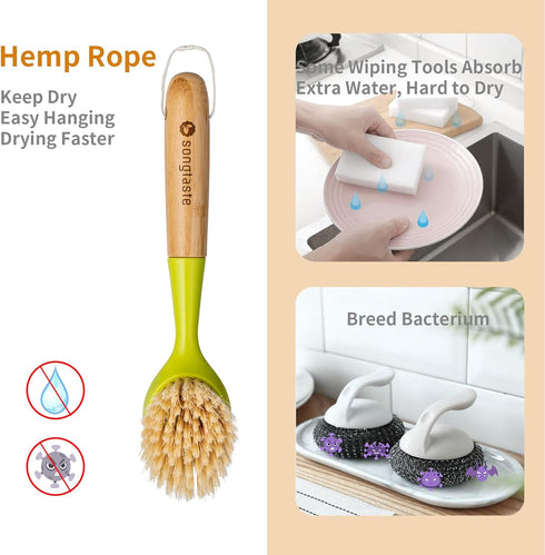 2 Pack Kitchen Dish Brush with Bamboo Handle, Built-in Scraper Scrub Brush for Pans, Pots, and Kitchen Sink Cleaning,