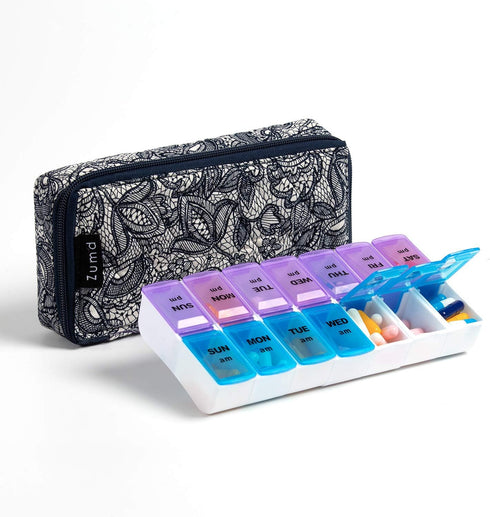 Weekly Pill Organizer 2 Times a Day, Zumd Pill Box 7 Day with Quilted Fabric Zipper Case, Travel AM PM