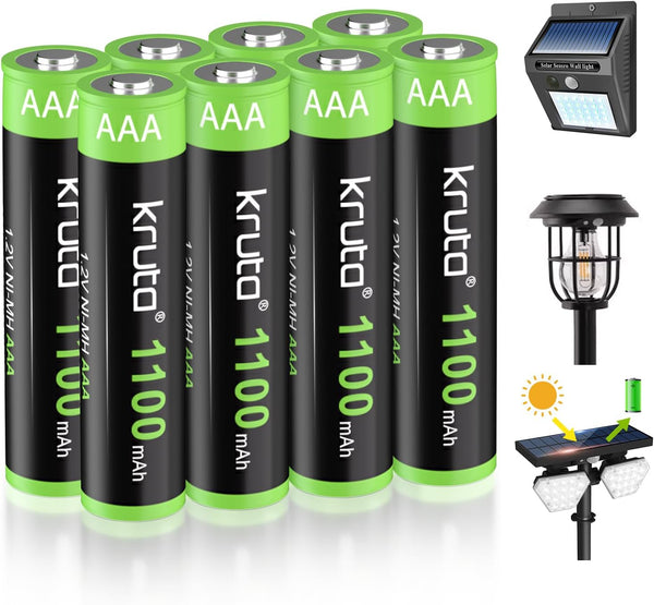 Kruta Solar Lights Batteries AAA 1100mah High Capacity 1.2V Ni-MH Rechargeable for Outdoor Solar Lights, Pack of 8