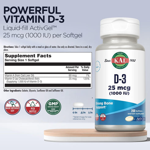 KAL Vitamin D3 1000 IU Softgels (25 mcg), Liquid Filled ActivGel, 200 Servings for Bone Health