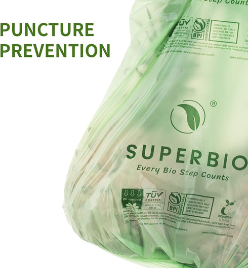 SUPERBIO 1.6 Gallon Compostable Handle Tie Food Waste Bags, 50 Count, Small Bags for Countertop Bin