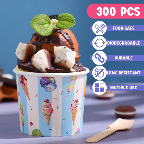 Ninehaoou 300 Sets 6 oz Frozen Ice Cream Cups Bulk with Spoons Disposable Dessert Bowls Colorful Ice Cream Bowls