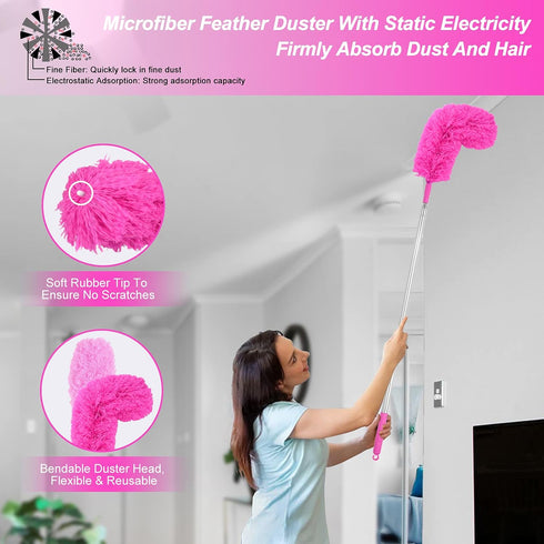 15PCS Microfiber Feather Duster Set with 100-inch Extension Pole, Bendable & Washable Dusters for High Ceiling Cleaning
