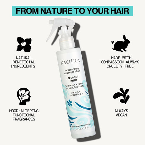 Pacifica Coconut Milk Hair Detangler Spray, Leave-In Conditioning Elixir for Tangle-Free Hair