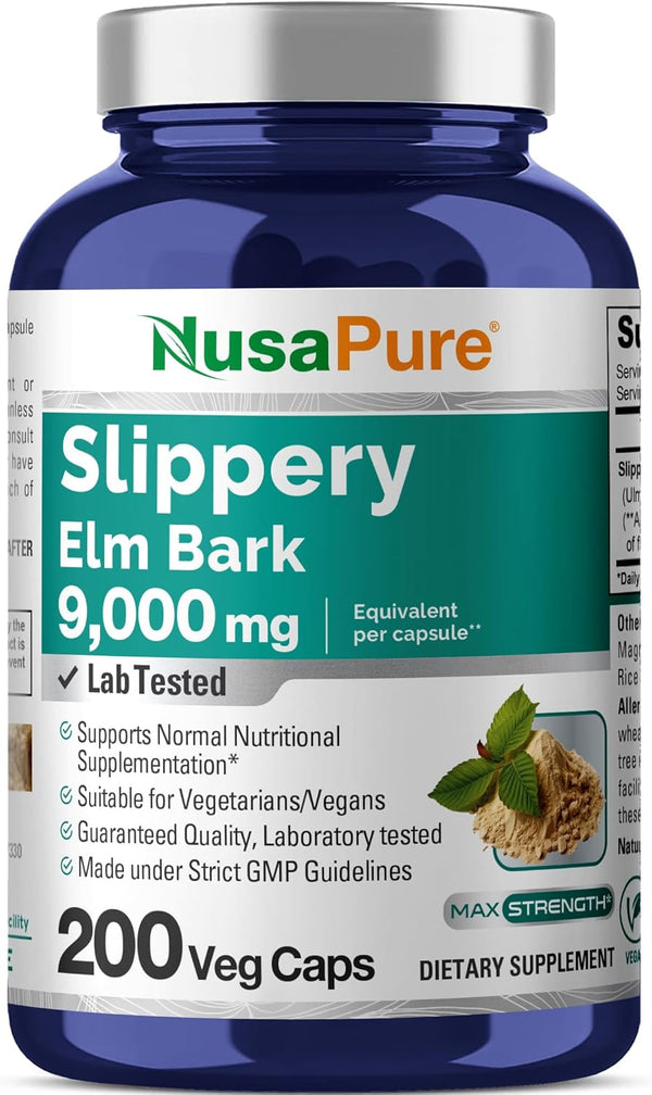NusaPure Slippery Elm Bark 20:1 Extract - 450 mg Equivalent to 9,000mg, 200 Veggie Capsules (Non-GMO, Vegan)