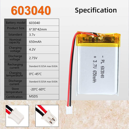 3.7V 650mAh 603040 Lipo Battery Rechargeable Lithium Polymer Ion Battery Pack with PH2.0mm JST Connector
