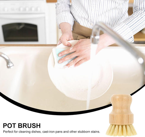 Wok Brush and Multi-Function Vegetable Scrubber, Short Handle Kitchen Pot Brush with Natural Fiber Bristles for Home