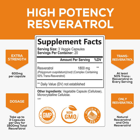 Resveratrol 1800mg Per Serving - Potent Antioxidants for Immune Support - Extra Strength Trans-Resveratrol Supplement Supports Healthy Aging & Heart Health - from Natural Polygonum Root - 60 Capsules