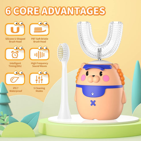 RexCodar Kids Electric Toothbrushes, U Shaped Ultrasonic Rechargeable Toothbrush with 4 Brush Heads, IPX7