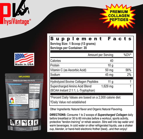 PhysiVantage Supercharged Collagen Peptides Powder - Hydrolyzed Collagen for Joint, Skin, Tendon & Ligament Health -