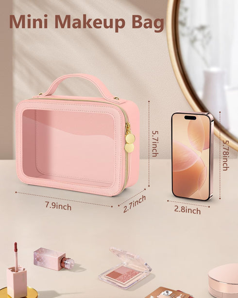 Portable Clear Makeup Bag, Medium Pink Leather Toiletry Bag with Zipper, Waterproof Transparent Cosmetic Organizer for