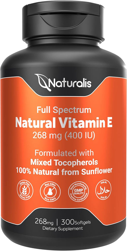 Naturalis Sunflower Vitamin E 268mg (400 IU) with Mixed Tocopherols | 300 Softgels | Non-GMO, Soy & Gluten Free |