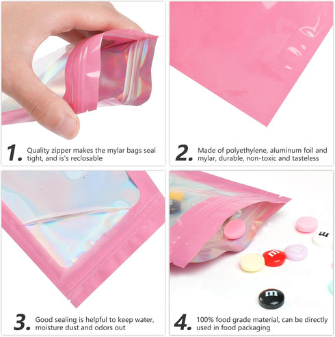 Funfery 100 pcs Pink Holographic Mylar Packaging Bags, Resealable Smell Proof Foil Pouch for Small Business (4x6In)
