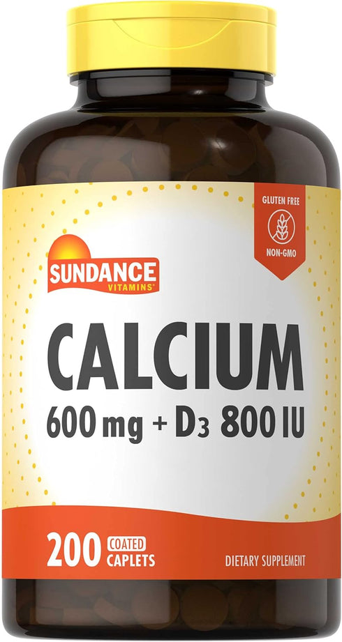 Sundance Calcium with Vitamin D3, 600mg, 200 Caplets | Vegetarian, Non-GMO & Gluten Free Supplement