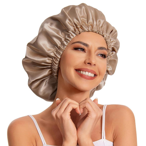 Satin Bonnet Silk Hair Bonnet for Sleeping, Slouchy Beanie Hat for Women's Natural & Curly Hair (Khaki)