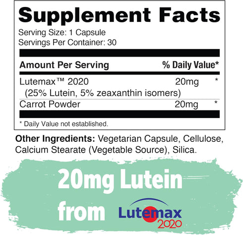Yuve Lutein Zeaxanthin Supplement, Lutein 20mg, Vitamin Eye Health, for Dry Eyes, Fatigue, Lutemax2020, Eye Supplements - 30 Vegan Caps