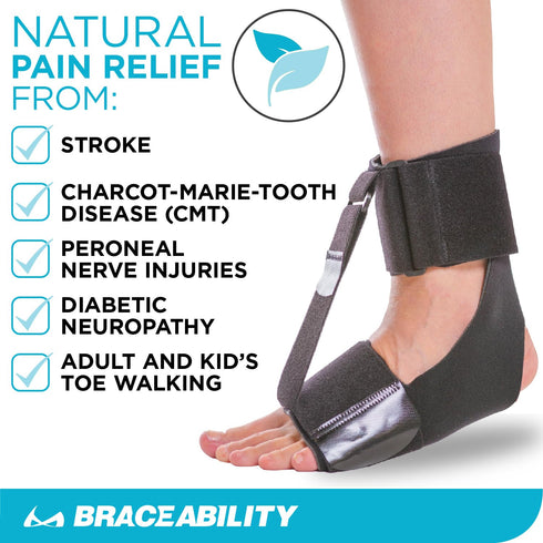 BraceAbility Foot Drop Brace, Ankle Orthosis Sock for Big Kids, Teens, Adults, Pain Relief in Bed