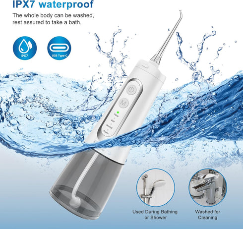 Cordless Water Dental Flosser, JNGOODS 300ml Rechargeable Oral Irrigator, IPX7 Waterproof, 4 Modes, 4 Jet Tips (White)
