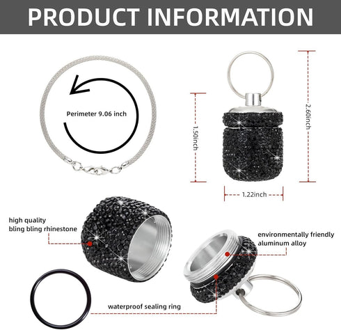 Bling Pill Organizer Travel Small Pill Case Keychain Waterproof Pill Box for Purse Portable Medicine Bottle Holder with Key Chain for Vitamin Supplement(Black)