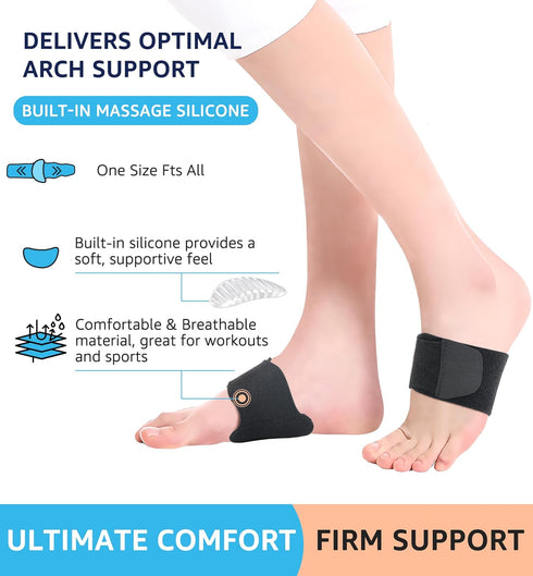 HiRui Arch Support Braces (Pair) - Adjustable Wraps with Gel Pads for Plantar Fasciitis Relief (Black)